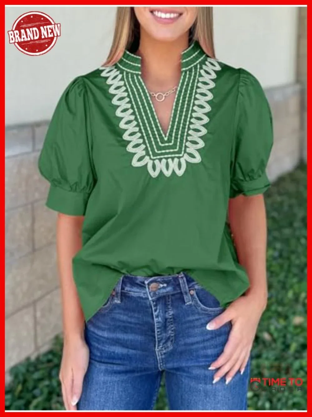 Women's Puff Short Sleeve Blouse Embroidered V Neck Loose Fit Casual Tee Shirt